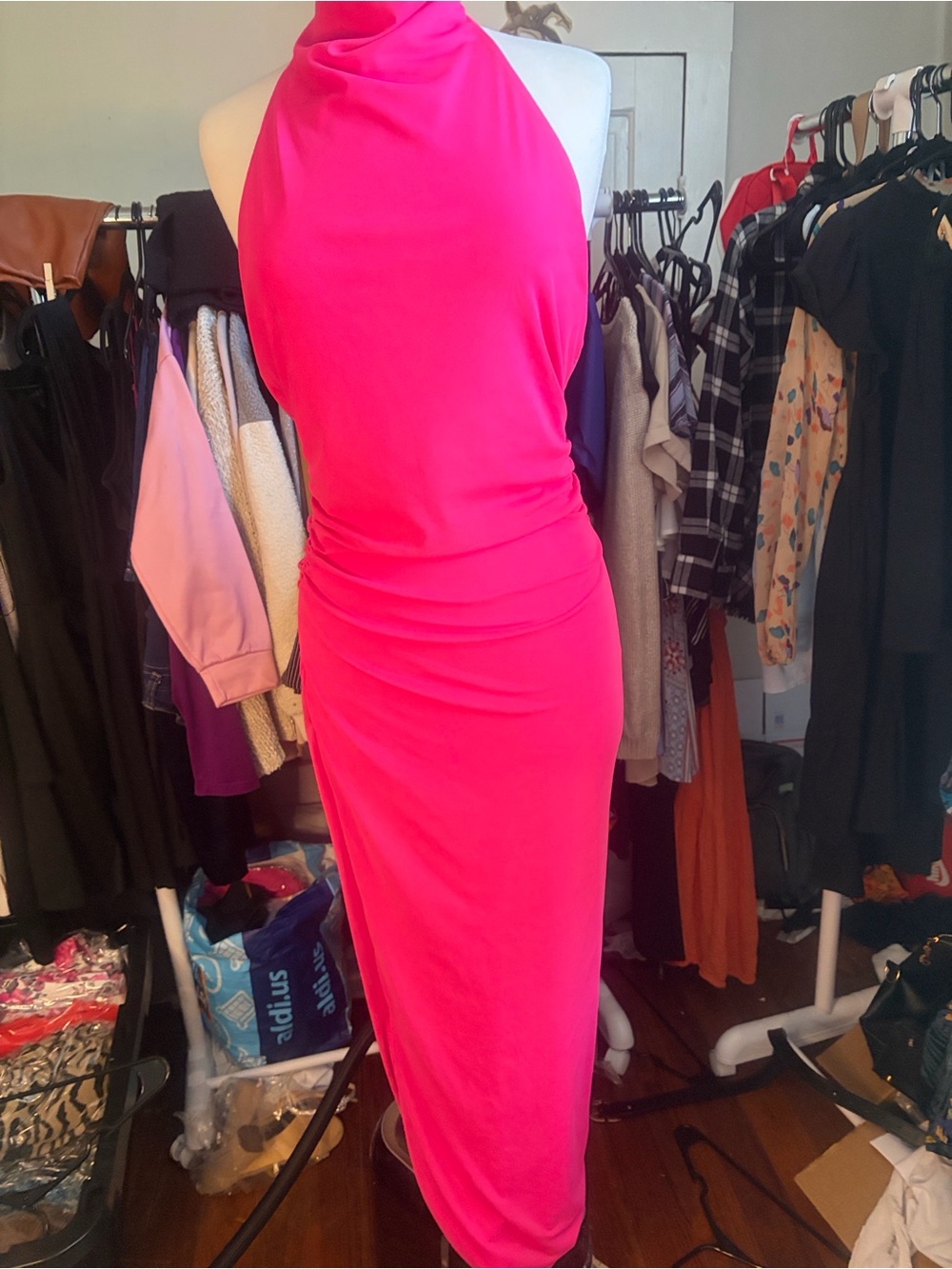 One-Shoulder Hot Pink Evening Sheath Dress